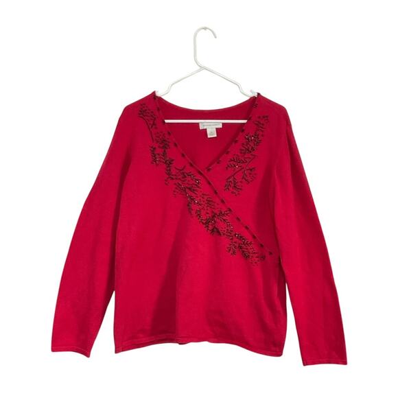 Christopher & Banks Sweaters - Christopher & Banks V-Neck Beaded Long Sleeves Red Knit Pullover Sweater Large